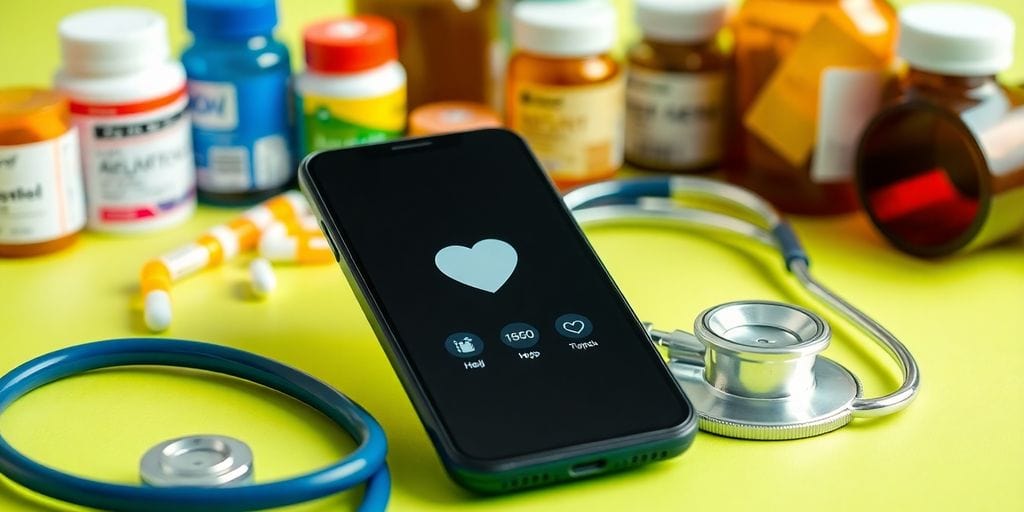 Smartphone mit Gesundheitsapp und Arzneimitteln.