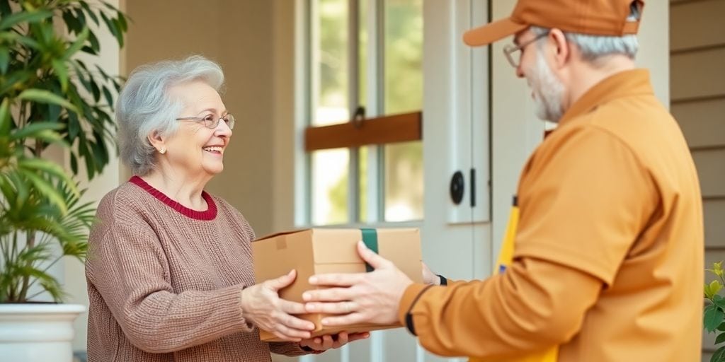 Senior erhält Paket von freundlichem Lieferanten.