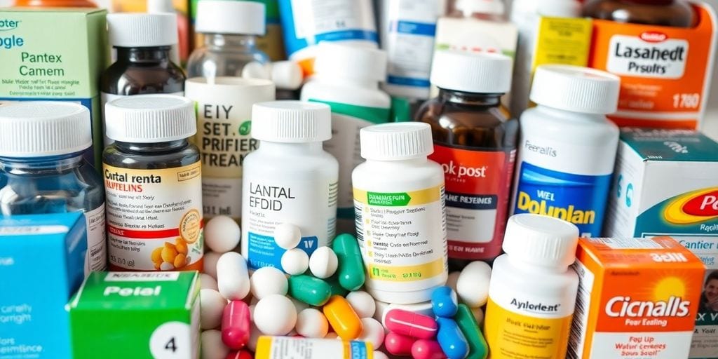 Verschiedene rezeptfreie Medikamente in ansprechender Anordnung.