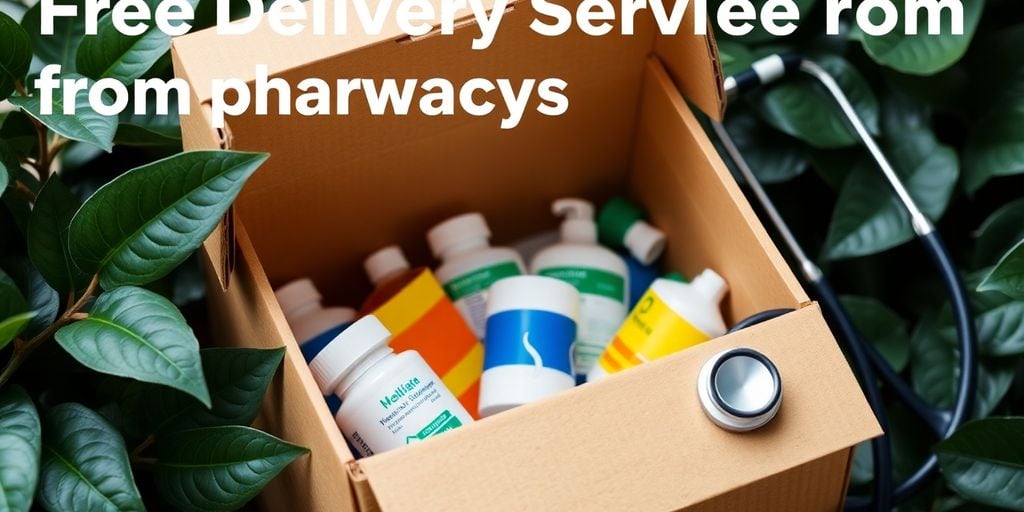 Lieferbox mit Apothekenprodukten und Stethoskop.